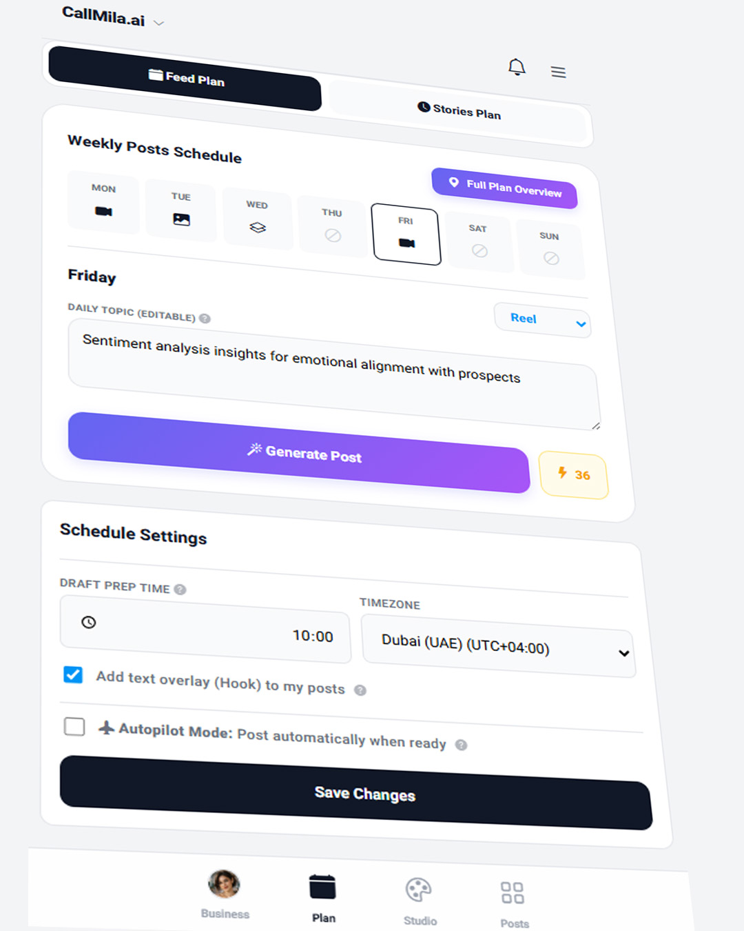 Weekly content plan screen
